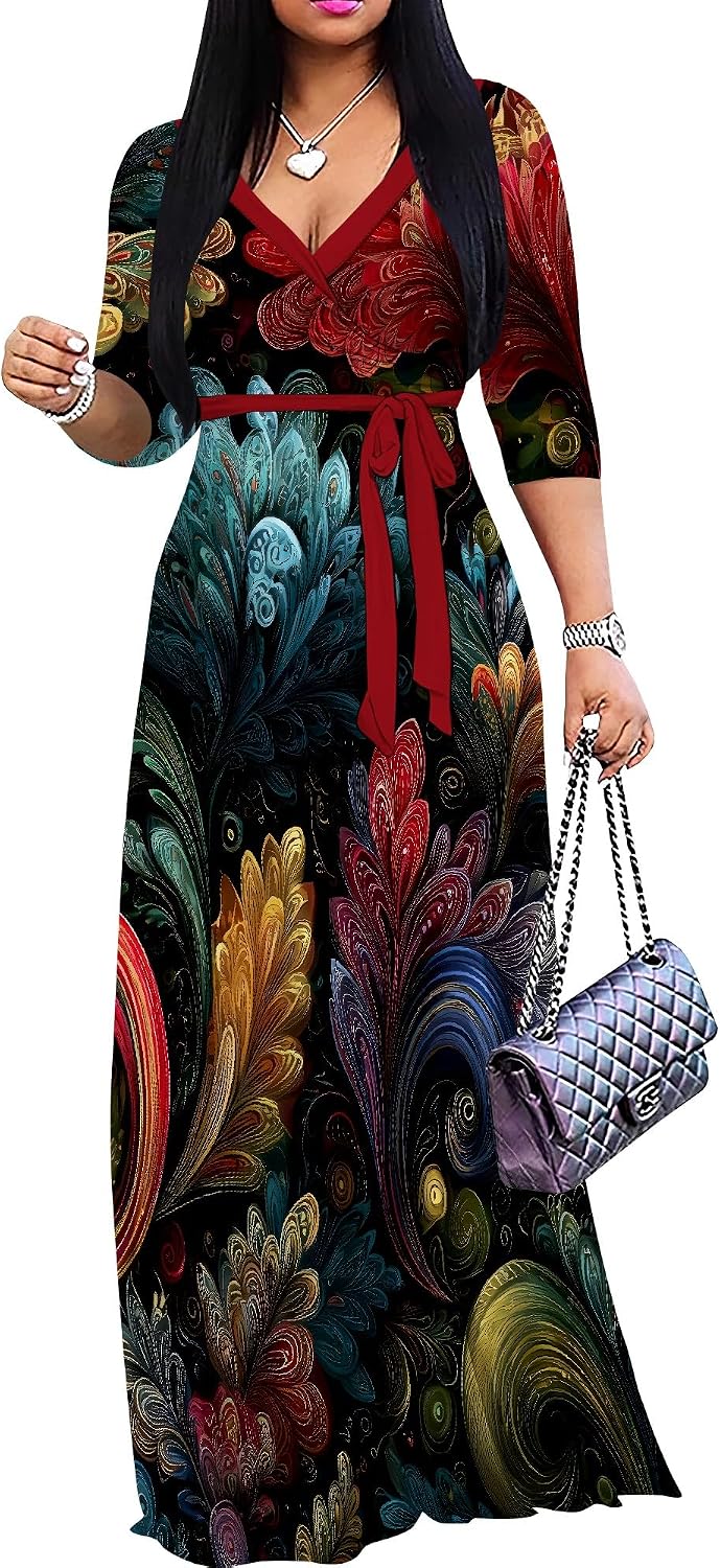 PinkPatty Women's Plus Size V Neck 3/4 Sleeve Boho Maxi Dress with Pockets