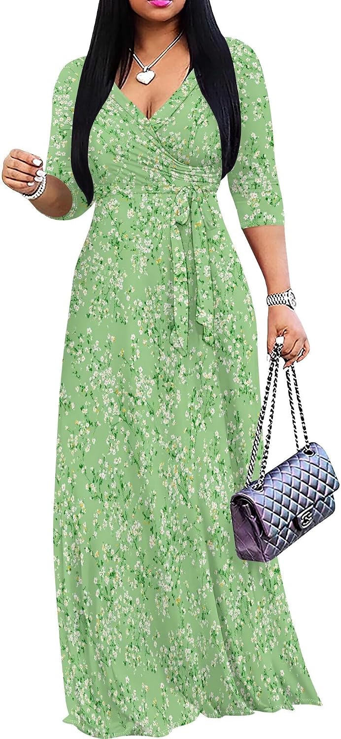 PinkPatty Women's Plus Size V Neck 3/4 Sleeve Boho Maxi Dress with Pockets