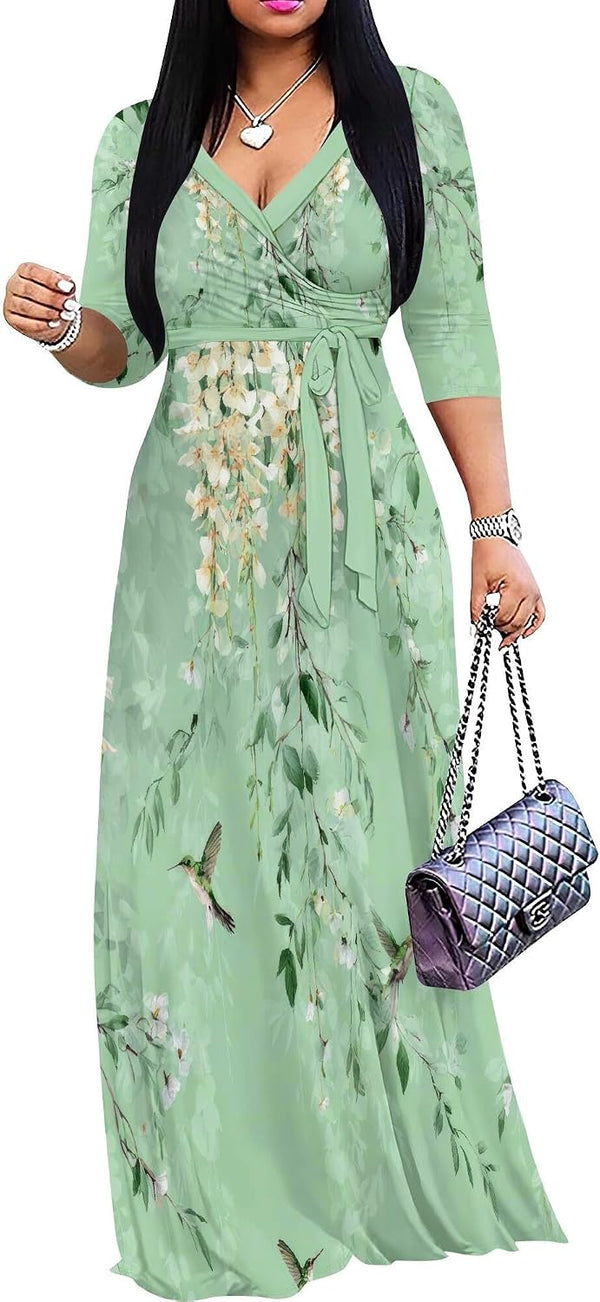 PinkPatty Women's Plus Size V Neck 3/4 Sleeve Boho Maxi Dress with Pockets