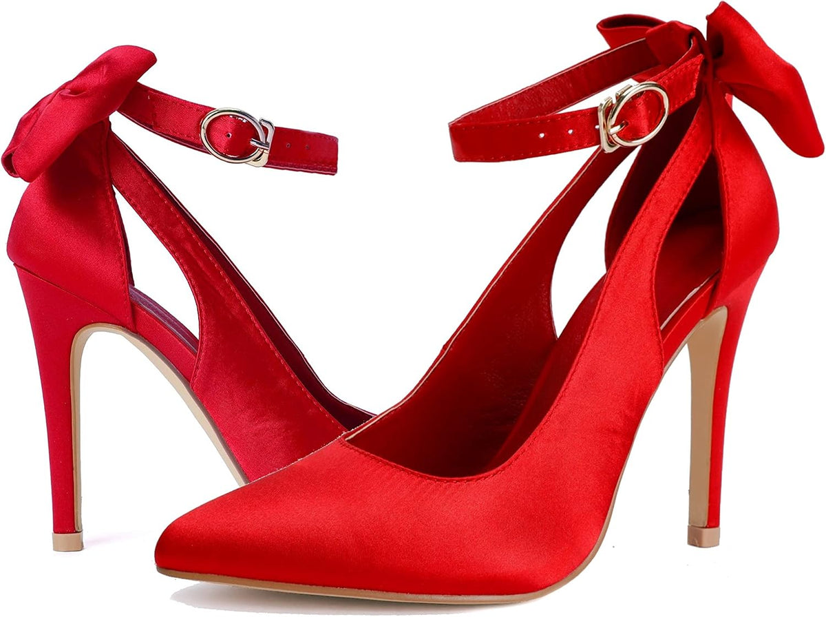 Fashare Womens High Heels Bow Tie Back Sexy Stiletto Ankle Strap Wedding Dress Pumps Shoes