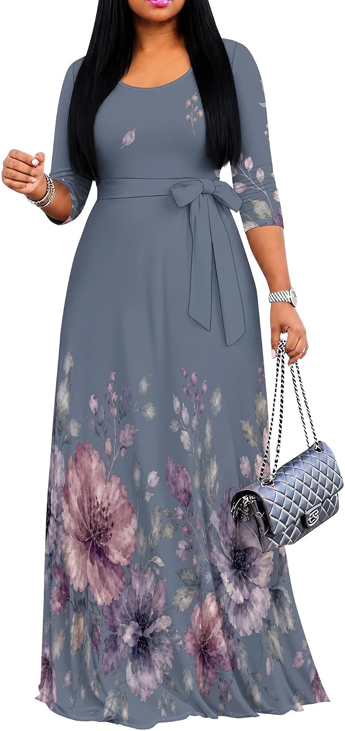 PinkPatty Women's Plus Size V Neck 3/4 Sleeve Boho Maxi Dress with Pockets