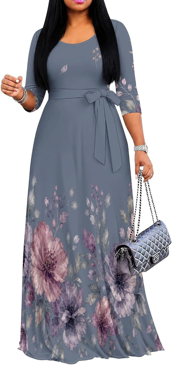 PinkPatty Women's Plus Size V Neck 3/4 Sleeve Boho Maxi Dress with Pockets