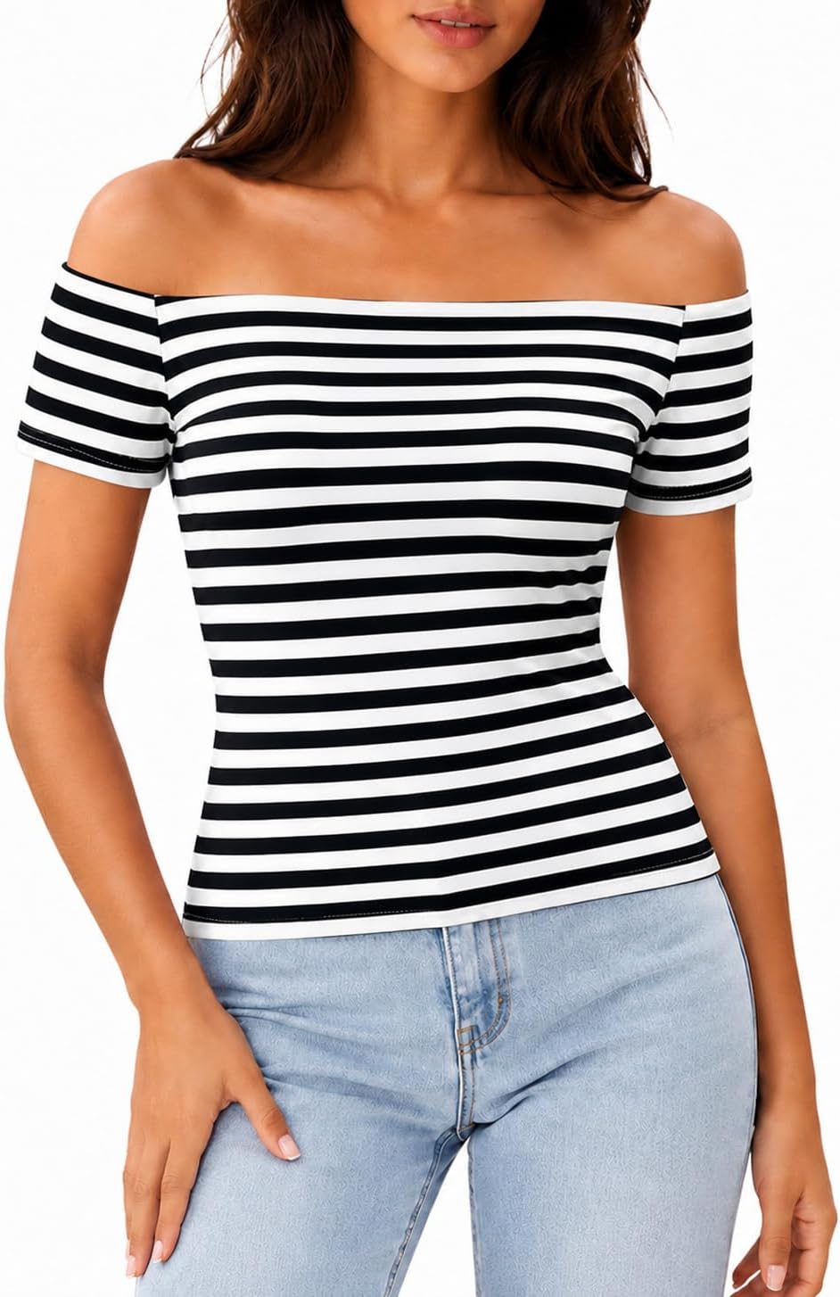 LilyCoco Off The Shoulder Tops for Women Striped Short Sleeve Sexy Going Out Top