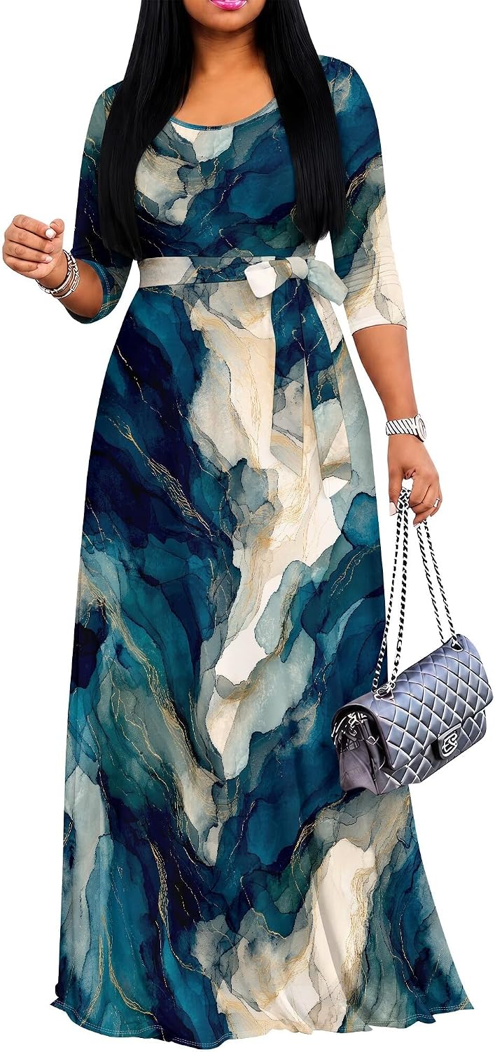 PinkPatty Women's Plus Size V Neck 3/4 Sleeve Boho Maxi Dress with Pockets