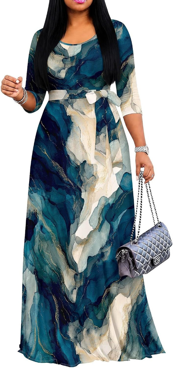 PinkPatty Women's Plus Size V Neck 3/4 Sleeve Boho Maxi Dress with Pockets