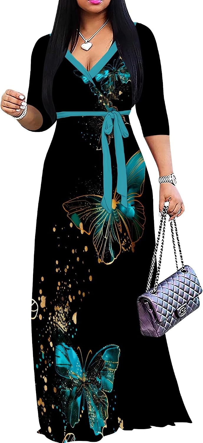 PinkPatty Women's Plus Size V Neck 3/4 Sleeve Boho Maxi Dress with Pockets