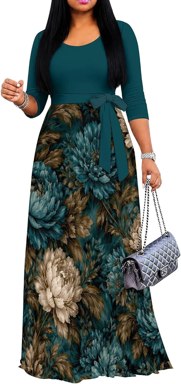 PinkPatty Women's Plus Size V Neck 3/4 Sleeve Boho Maxi Dress with Pockets