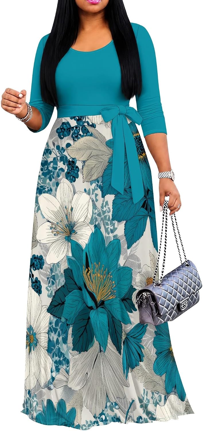 PinkPatty Women's Plus Size V Neck 3/4 Sleeve Boho Maxi Dress with Pockets
