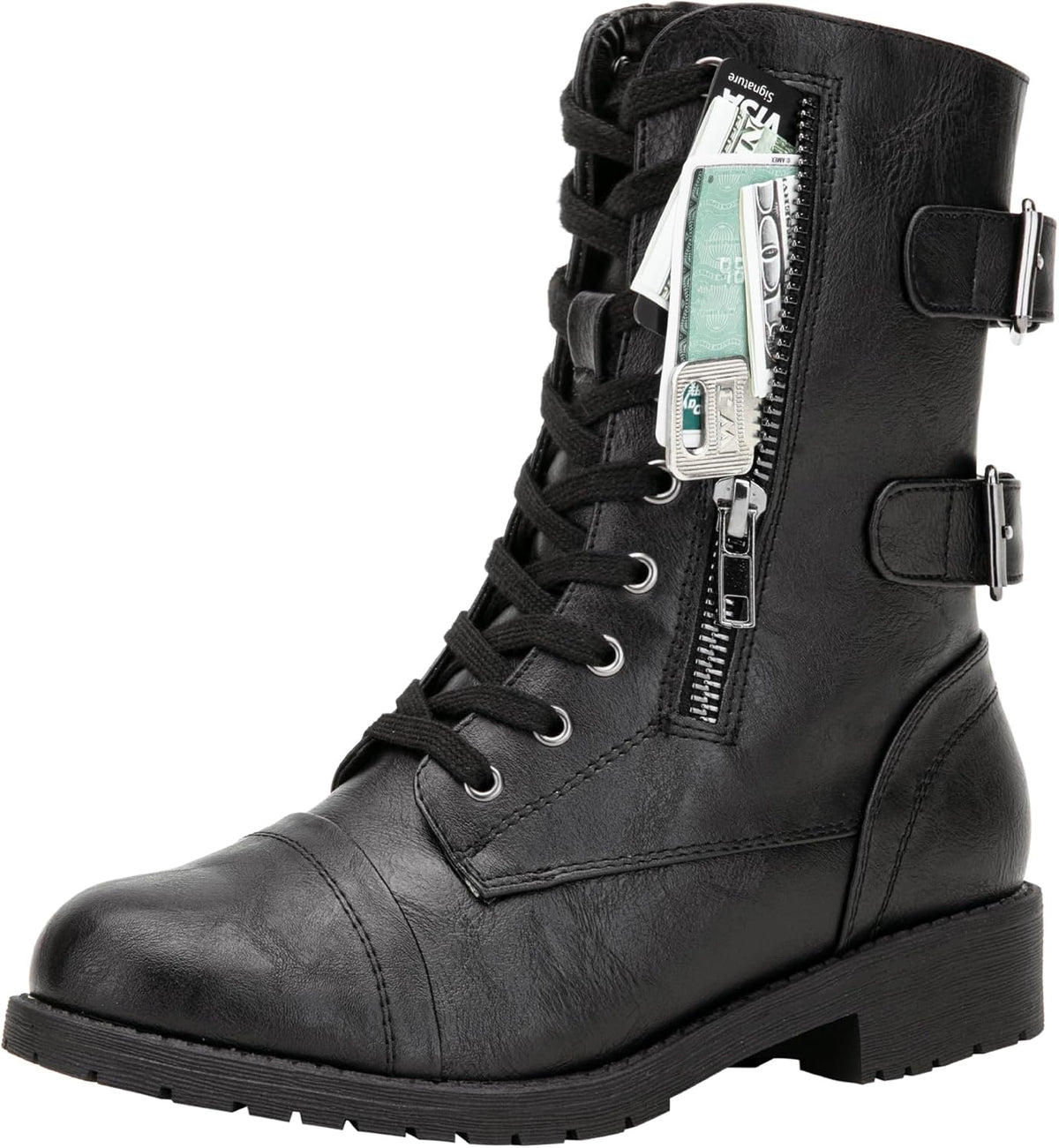 Women's Lace Up Mid Calf Combat Boots with Functional Pocket