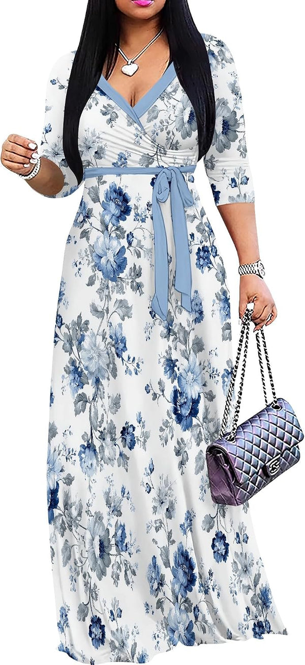 PinkPatty Women's Plus Size V Neck 3/4 Sleeve Boho Maxi Dress with Pockets