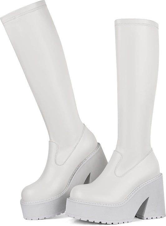 Platform Knee High Boots Elastic Wedge Chunky Heel Tall Boots