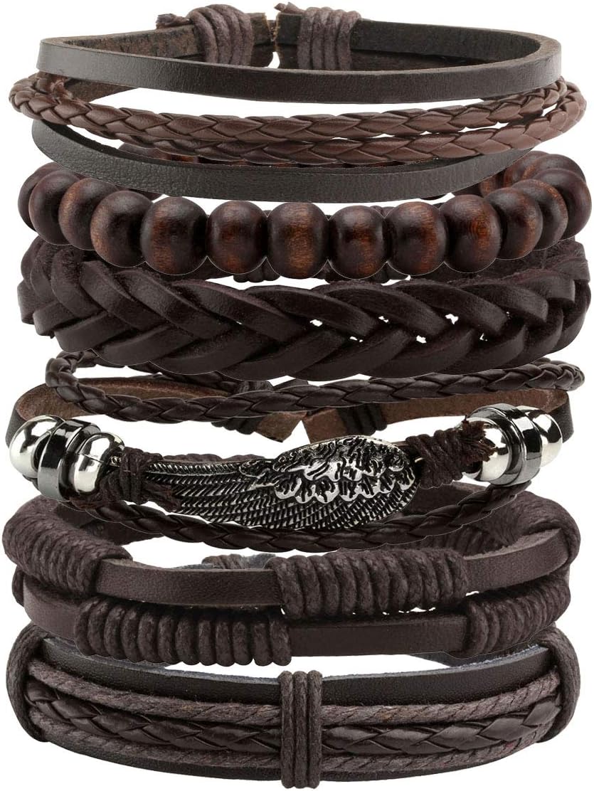 6-12PCS Braided Faux Leather Bracelet Punk Cuff Wrap Bracelets for Men Women Adjustable