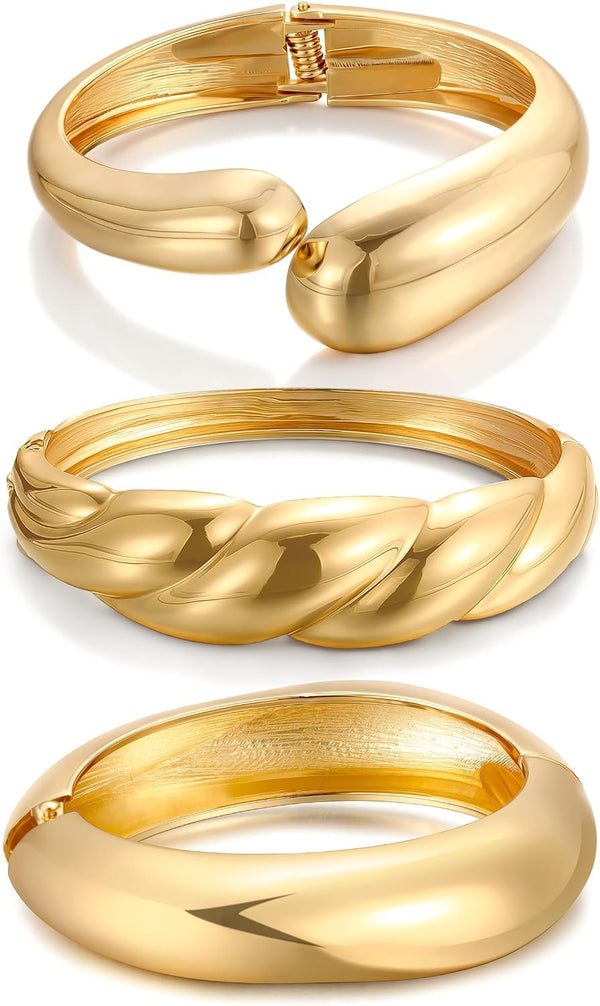 Chunky Gold Bangle Bracelets for Women, Dainty 14k Gold Plated Big Stackable Bangles Set, Trendy Statement Cuff Bracelet Stack Fashion Jewelry Gifts