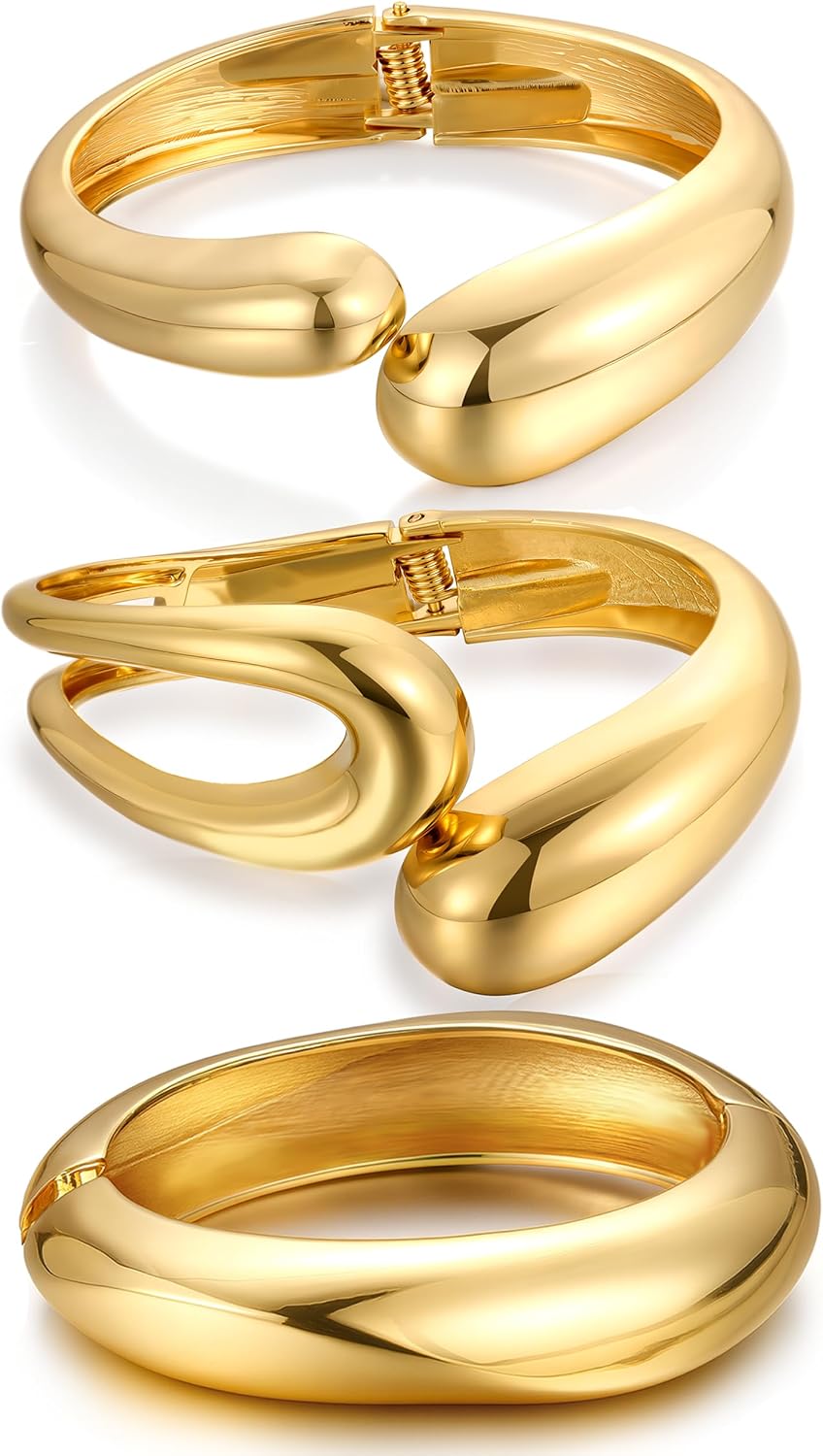 Chunky Gold Bangle Bracelets for Women, Dainty 14k Gold Plated Big Stackable Bangles Set, Trendy Statement Cuff Bracelet Stack Fashion Jewelry Gifts