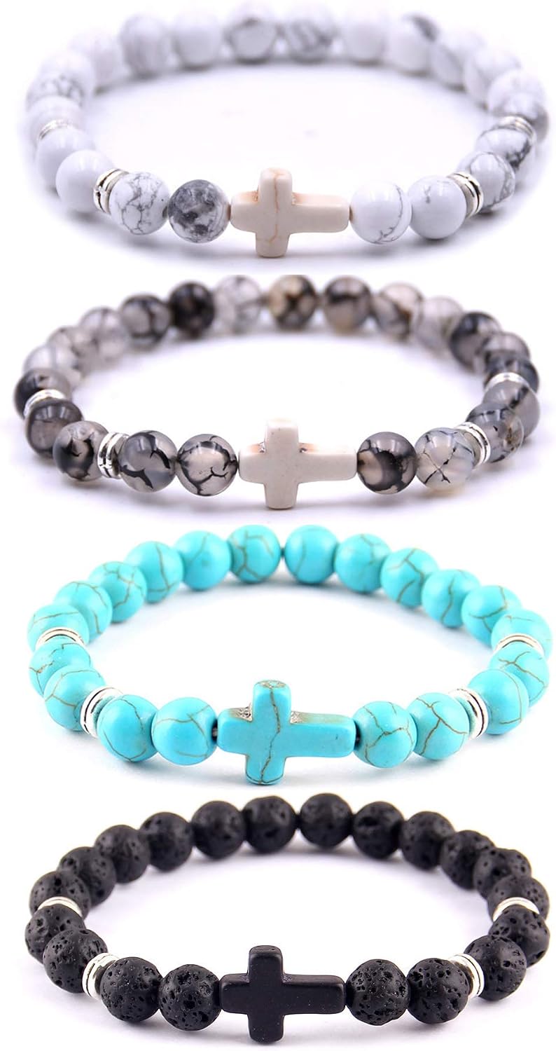 Softones 4PCS Cross Beads Bracelet for Men Women 8mm Healing Lava Stone Stretch Bracelets,7.5"