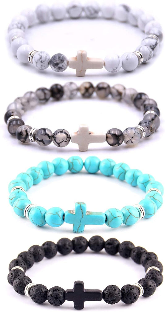 Softones 4PCS Cross Beads Bracelet for Men Women 8mm Healing Lava Stone Stretch Bracelets,7.5"