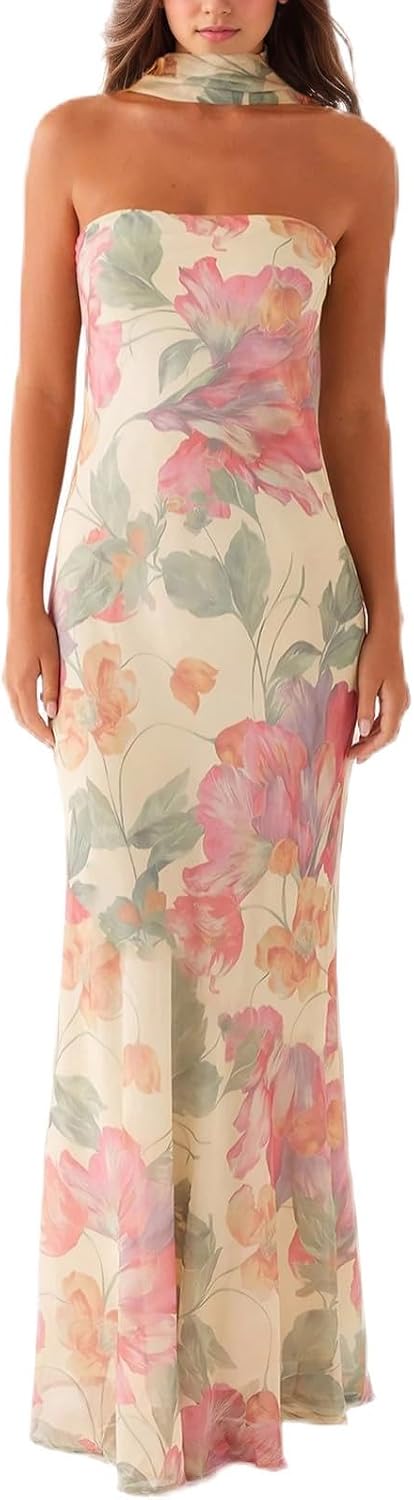 Women Floral Tube Maxi Dress with Scarf Summer Strapless Tube Bodycon Mesh Layer Cocktail Party Wedding Guest Dress