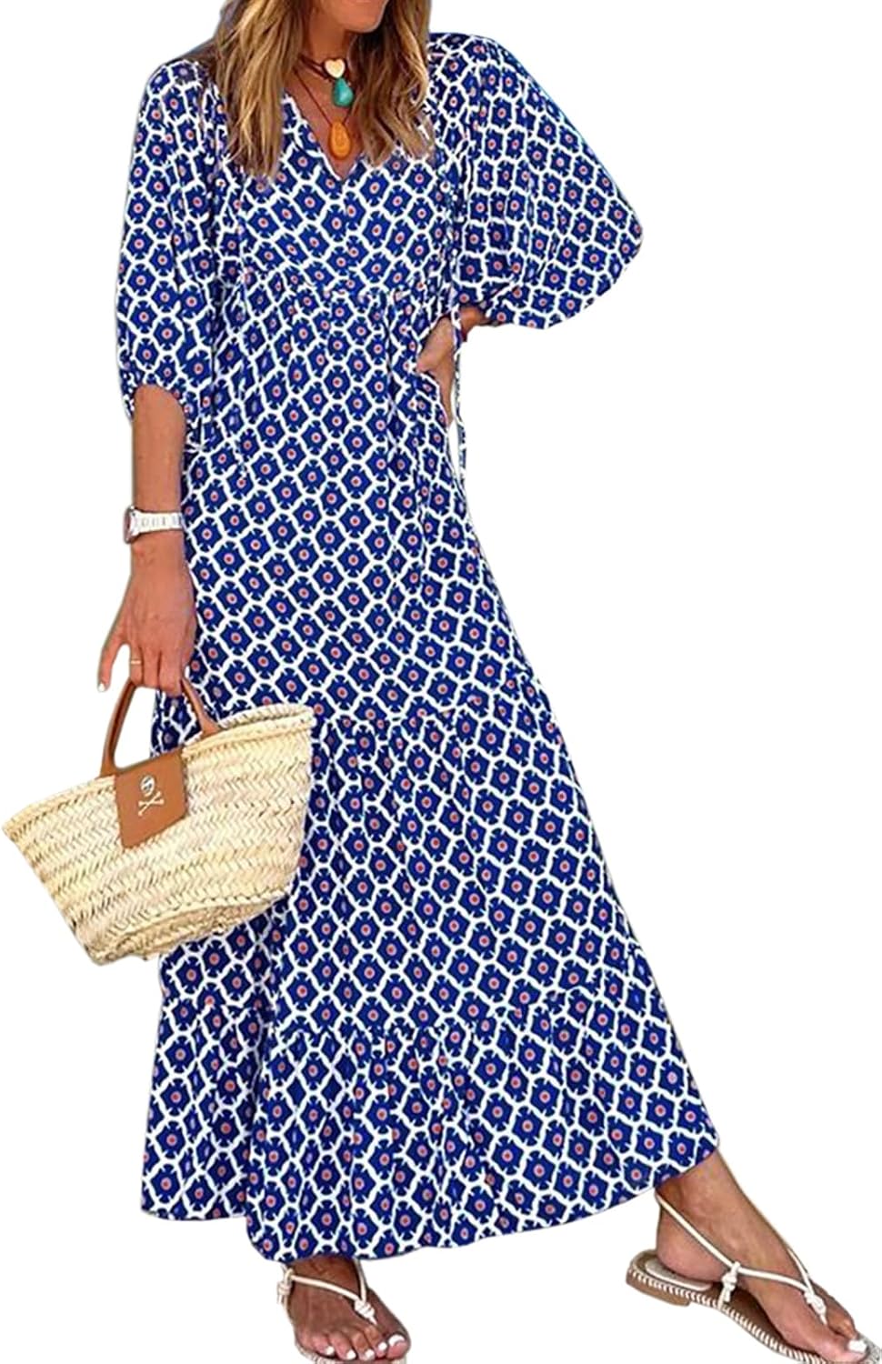 miduo Womens Casual V Neck Half Sleeve Bohemian Geometric Maxi Long Dresses