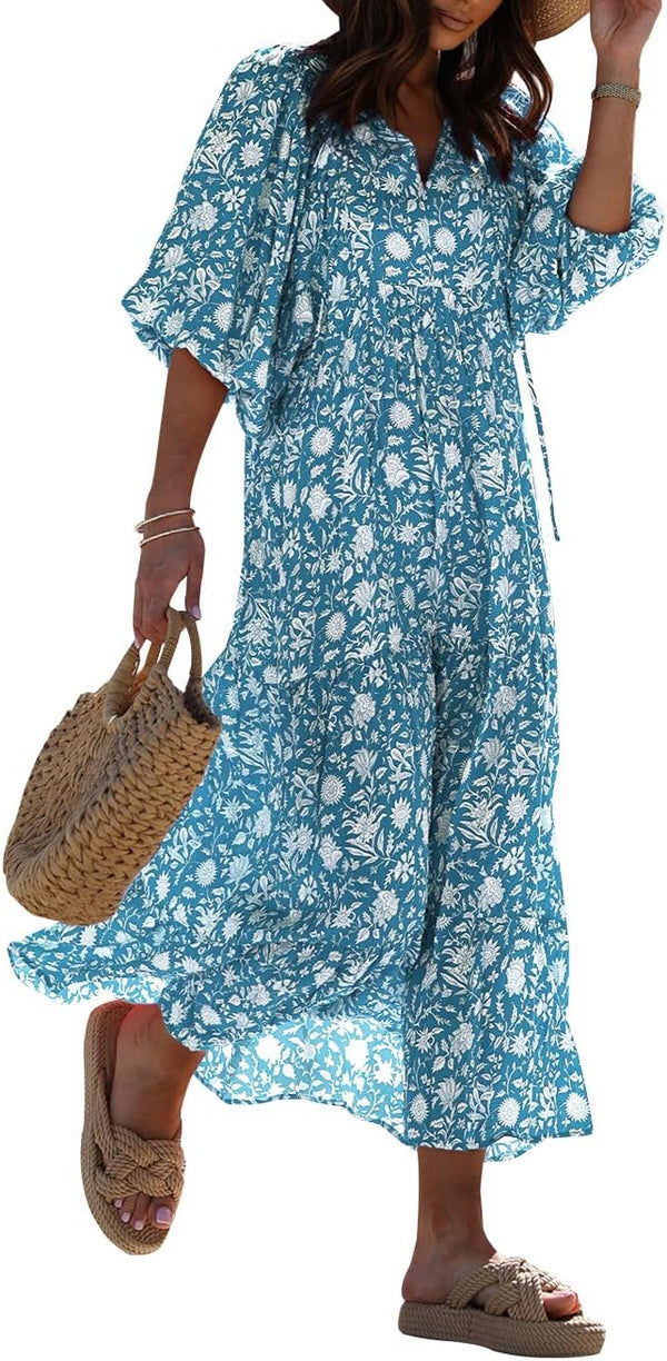 miduo Womens Casual V Neck Half Sleeve Bohemian Geometric Maxi Long Dresses