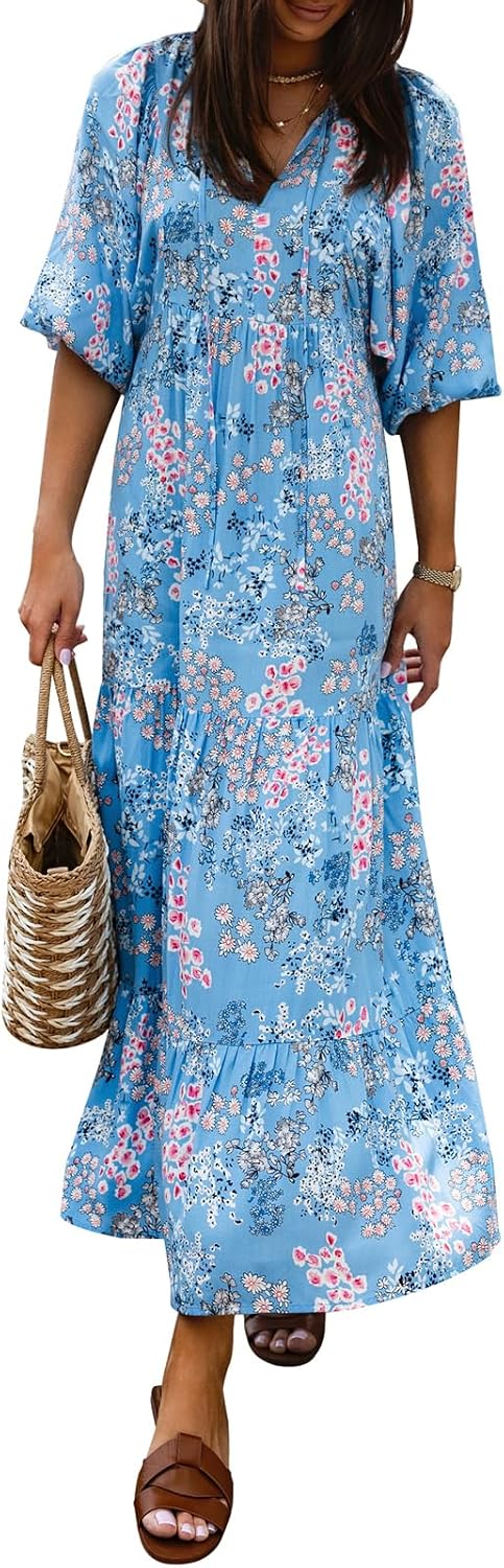 miduo Womens Casual V Neck Half Sleeve Bohemian Geometric Maxi Long Dresses