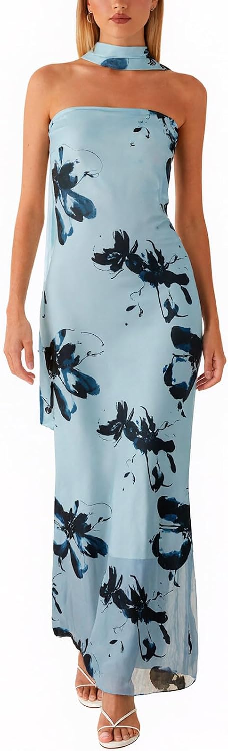 Women Floral Tube Maxi Dress with Scarf Summer Strapless Tube Bodycon Mesh Layer Cocktail Party Wedding Guest Dress