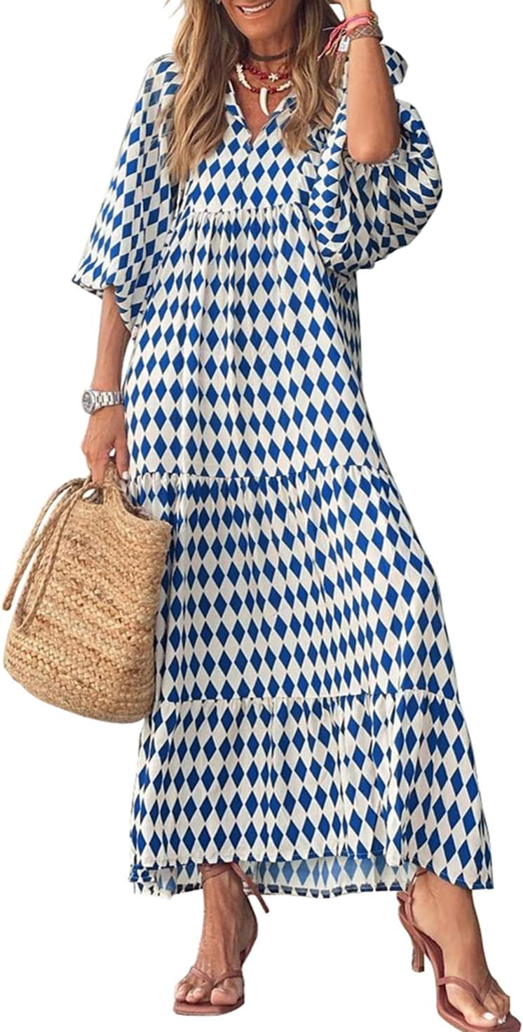miduo Womens Casual V Neck Half Sleeve Bohemian Geometric Maxi Long Dresses