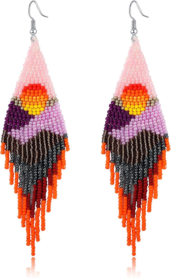 Long Beaded Tassel Boho Statement Earrings