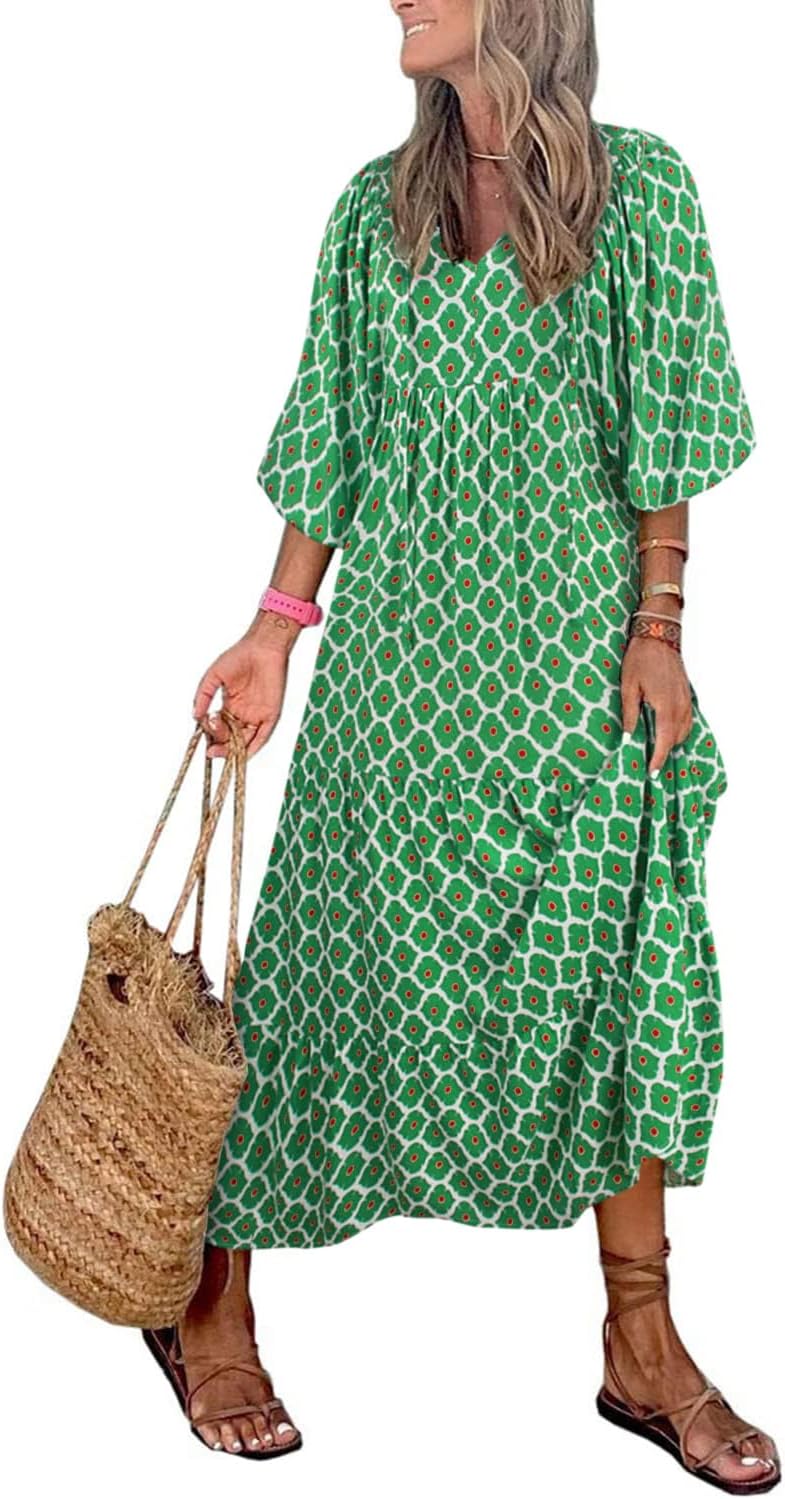 miduo Womens Casual V Neck Half Sleeve Bohemian Geometric Maxi Long Dresses