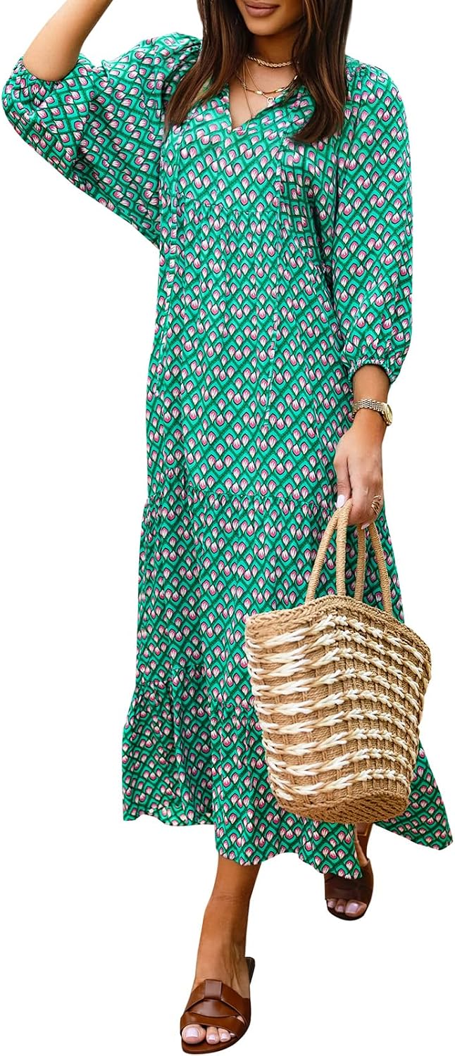 miduo Womens Casual V Neck Half Sleeve Bohemian Geometric Maxi Long Dresses