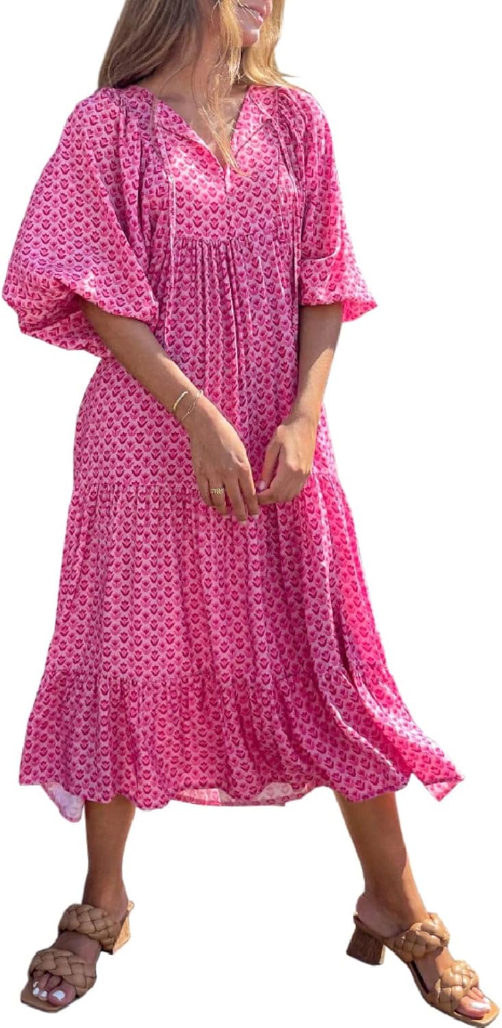 miduo Womens Casual V Neck Half Sleeve Bohemian Geometric Maxi Long Dresses