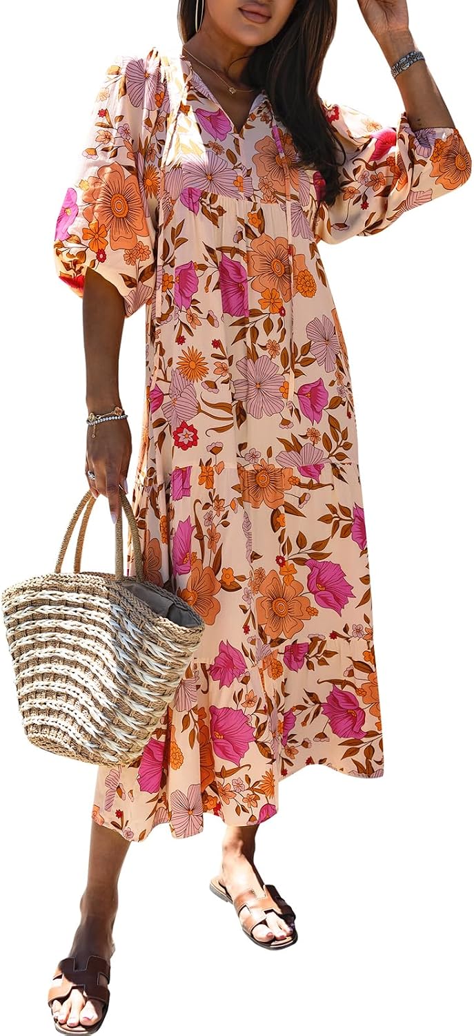 miduo Womens Casual V Neck Half Sleeve Bohemian Geometric Maxi Long Dresses Main image