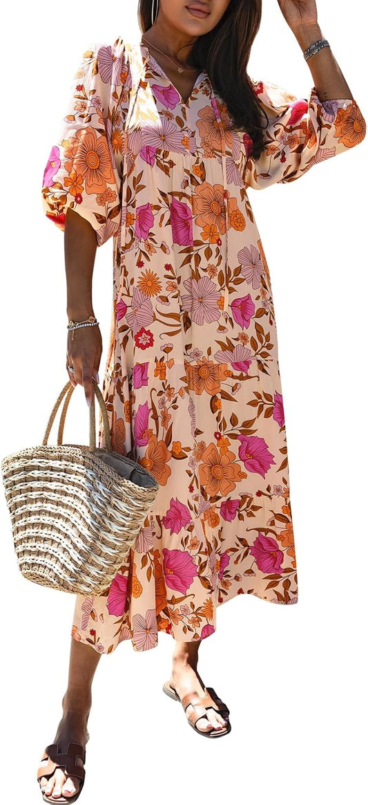 miduo Womens Casual V Neck Half Sleeve Bohemian Geometric Maxi Long Dresses