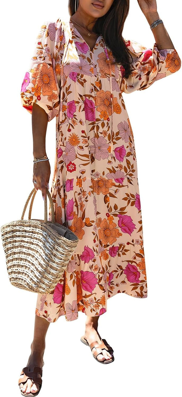 miduo Womens Casual V Neck Half Sleeve Bohemian Geometric Maxi Long Dresses