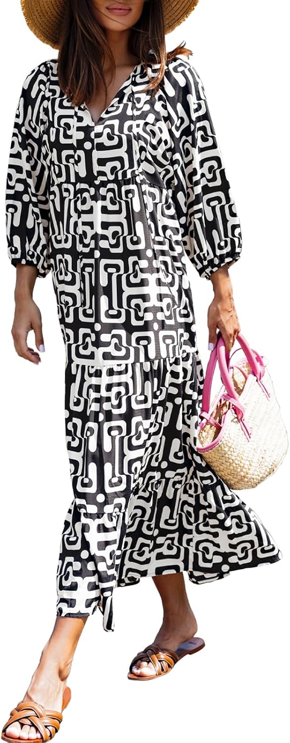 miduo Womens Casual V Neck Half Sleeve Bohemian Geometric Maxi Long Dresses