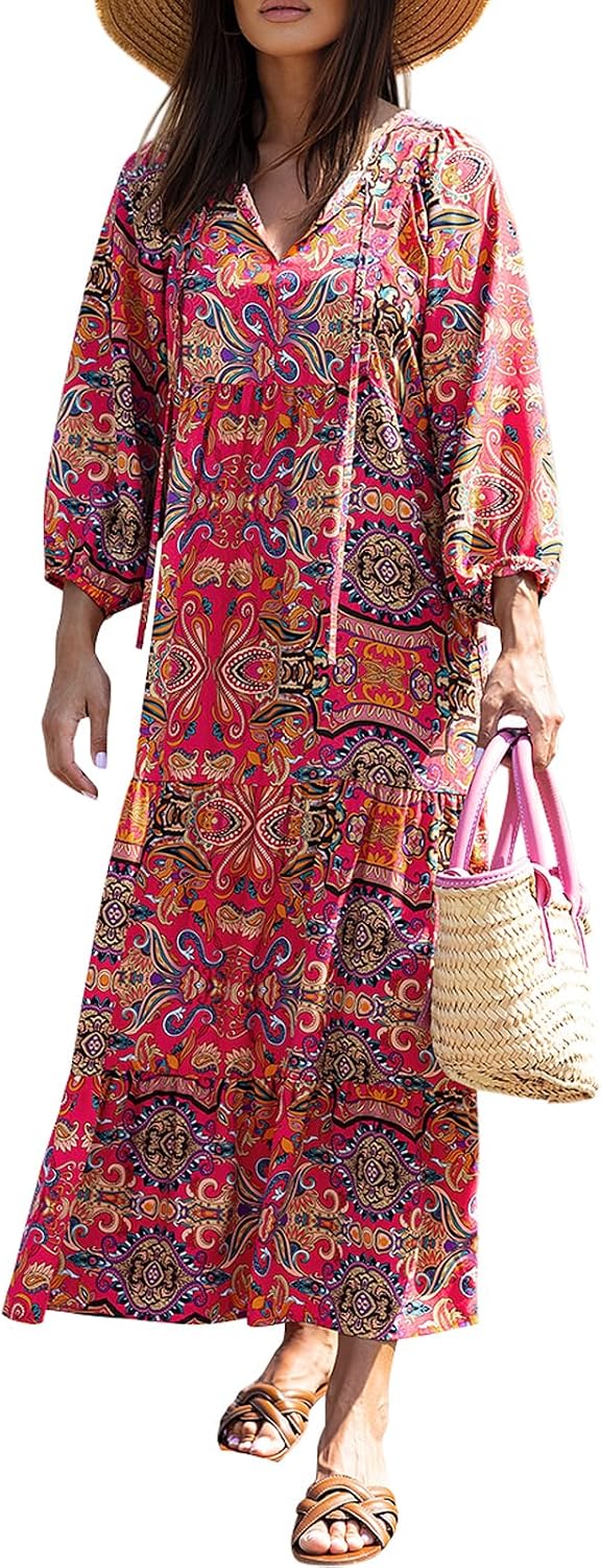 miduo Womens Casual V Neck Half Sleeve Bohemian Geometric Maxi Long Dresses