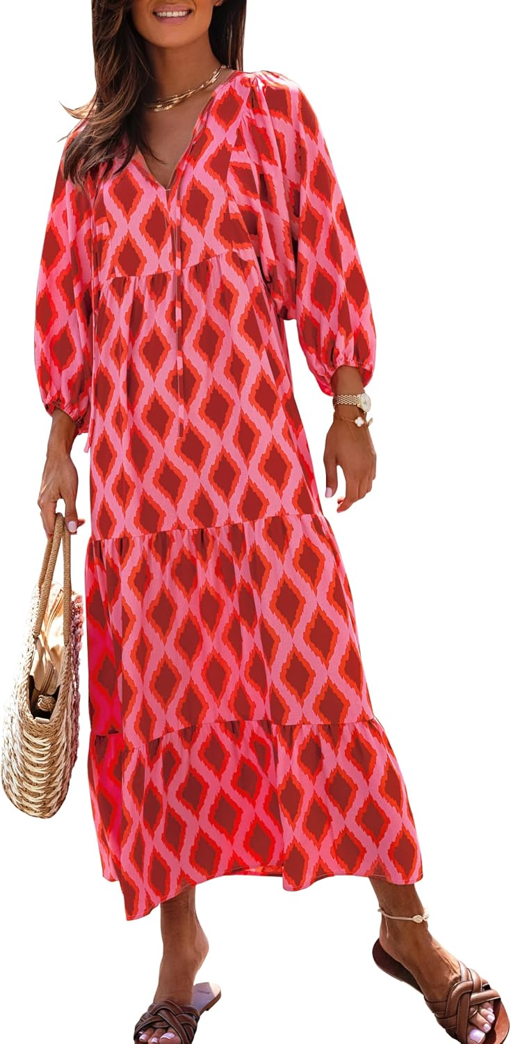 miduo Womens Casual V Neck Half Sleeve Bohemian Geometric Maxi Long Dresses