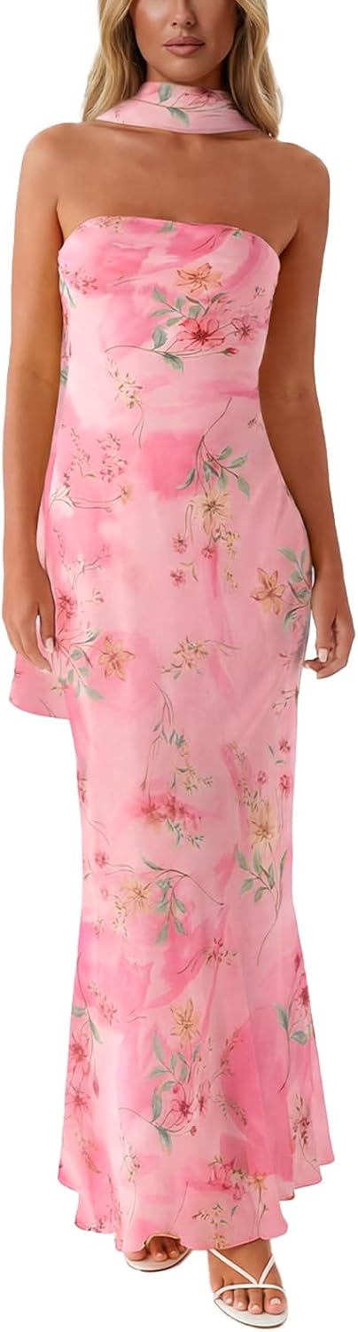 Women Floral Tube Maxi Dress with Scarf Summer Strapless Tube Bodycon Mesh Layer Cocktail Party Wedding Guest Dress