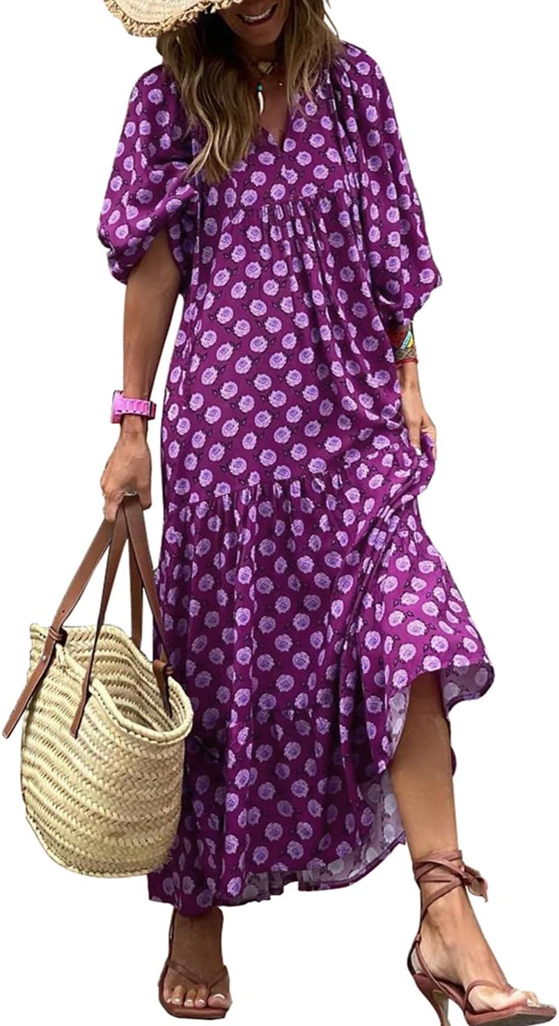 miduo Womens Casual V Neck Half Sleeve Bohemian Geometric Maxi Long Dresses
