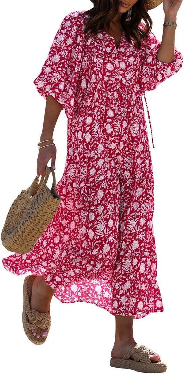 miduo Womens Casual V Neck Half Sleeve Bohemian Geometric Maxi Long Dresses