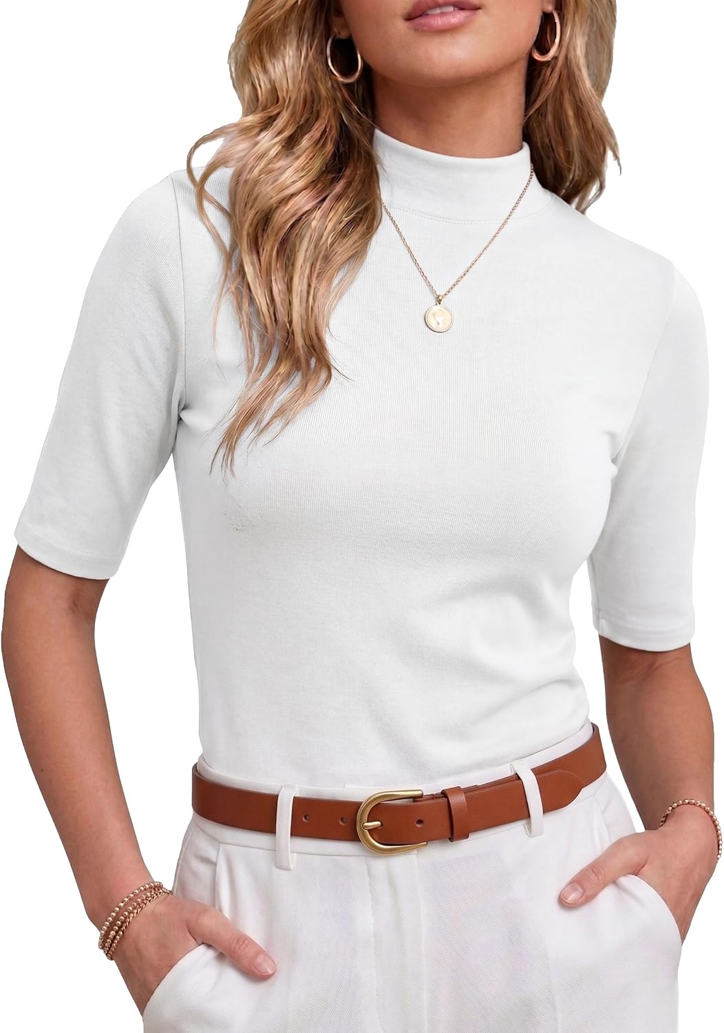 PrinStory Womens Tops Mock Neck Short Sleeve T Shirts Dressy Casual Ribbed Knit Slim Fit Summer Business Going Out Tops 2026