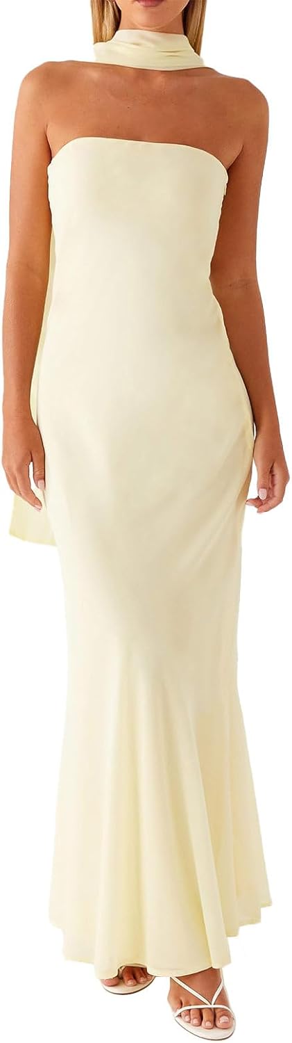 Women Floral Tube Maxi Dress with Scarf Summer Strapless Tube Bodycon Mesh Layer Cocktail Party Wedding Guest Dress