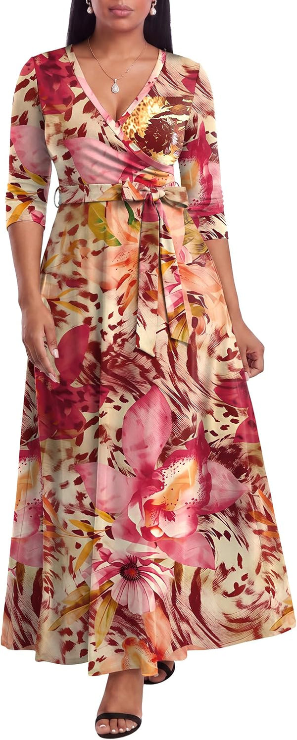 FANDEE Plus Size Maxi Dress for Women Casual Summer Sundress V-Neck 3/4 Sleeve