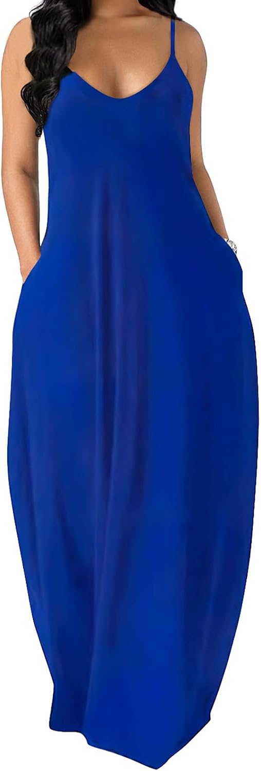 OFEEFAN Women's Maxi Dresses Summer Spaghetti Strap Dress with Pockets