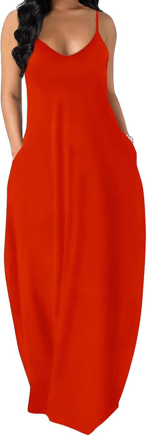 OFEEFAN Women's Maxi Dresses Summer Spaghetti Strap Dress with Pockets