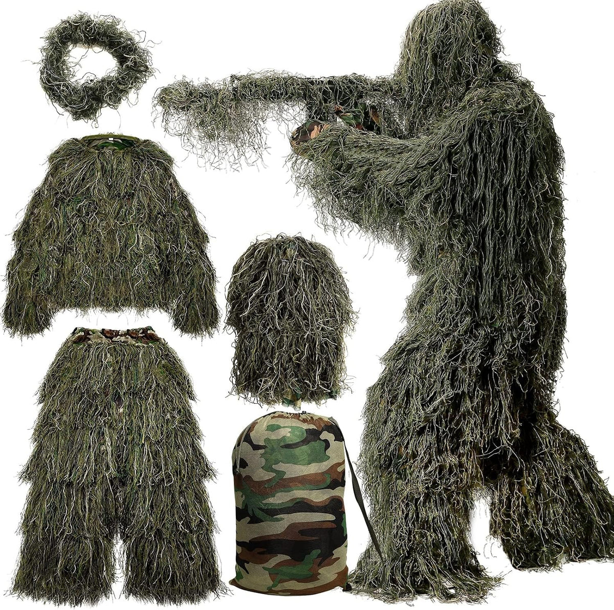 MOPHOTO 5 in 1 Ghillie Suit 3D Camouflage Hunting Suits - Jacket, Pants, Hood, Carry Bag for Adults & Youth, M/L/XL/XXL