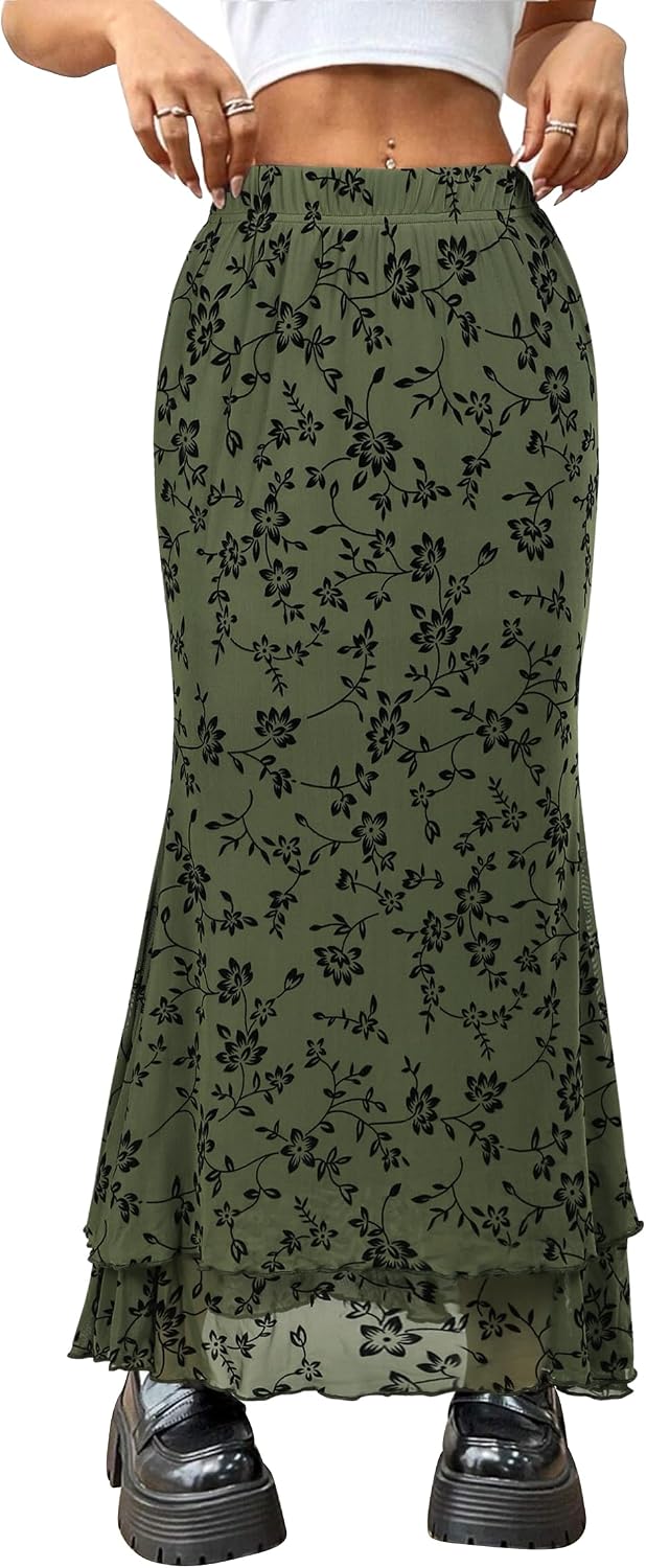Women Maxi Skirt Flowy Elastic High Waisted Leopard Print Skirts