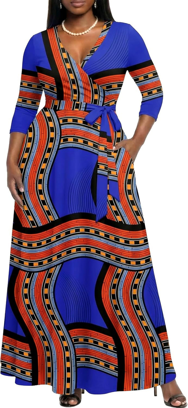AOMONI Women's Maxi Dresses Summer Casual Wrap Tie Waist Long Dress