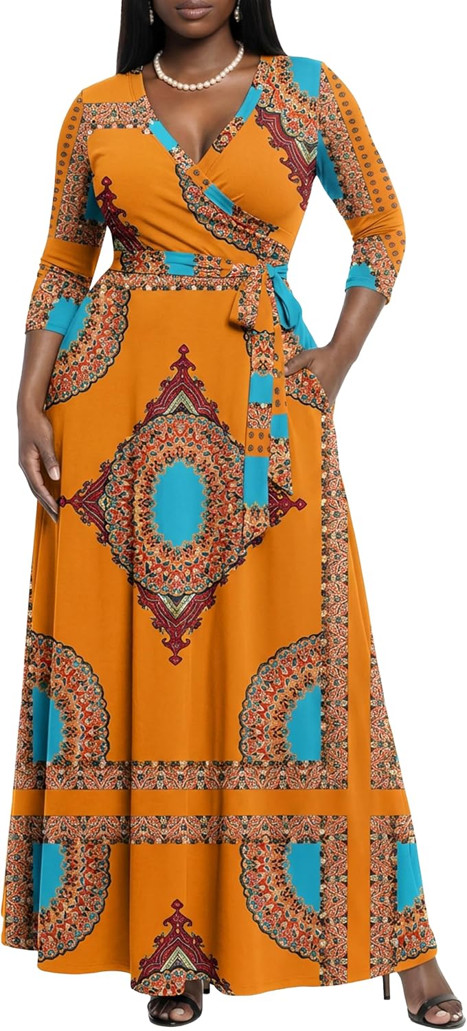 AOMONI Women's Maxi Dresses Summer Casual Wrap Tie Waist Long Dress