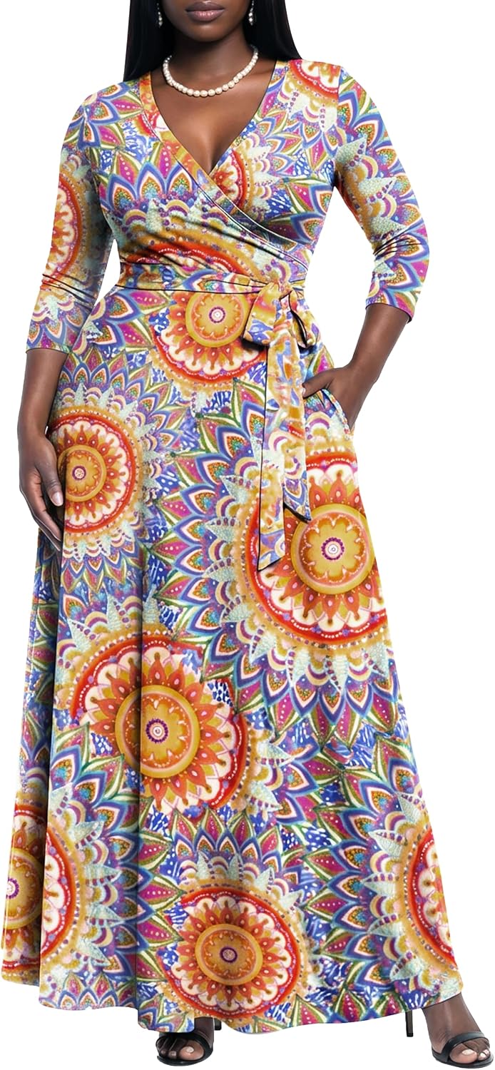 AOMONI Women's Maxi Dresses Summer Casual Wrap Tie Waist Long Dress