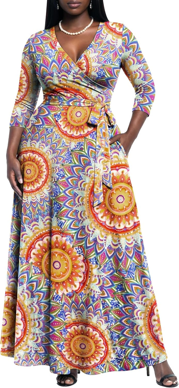 AOMONI Women's Maxi Dresses Summer Casual Wrap Tie Waist Long Dress